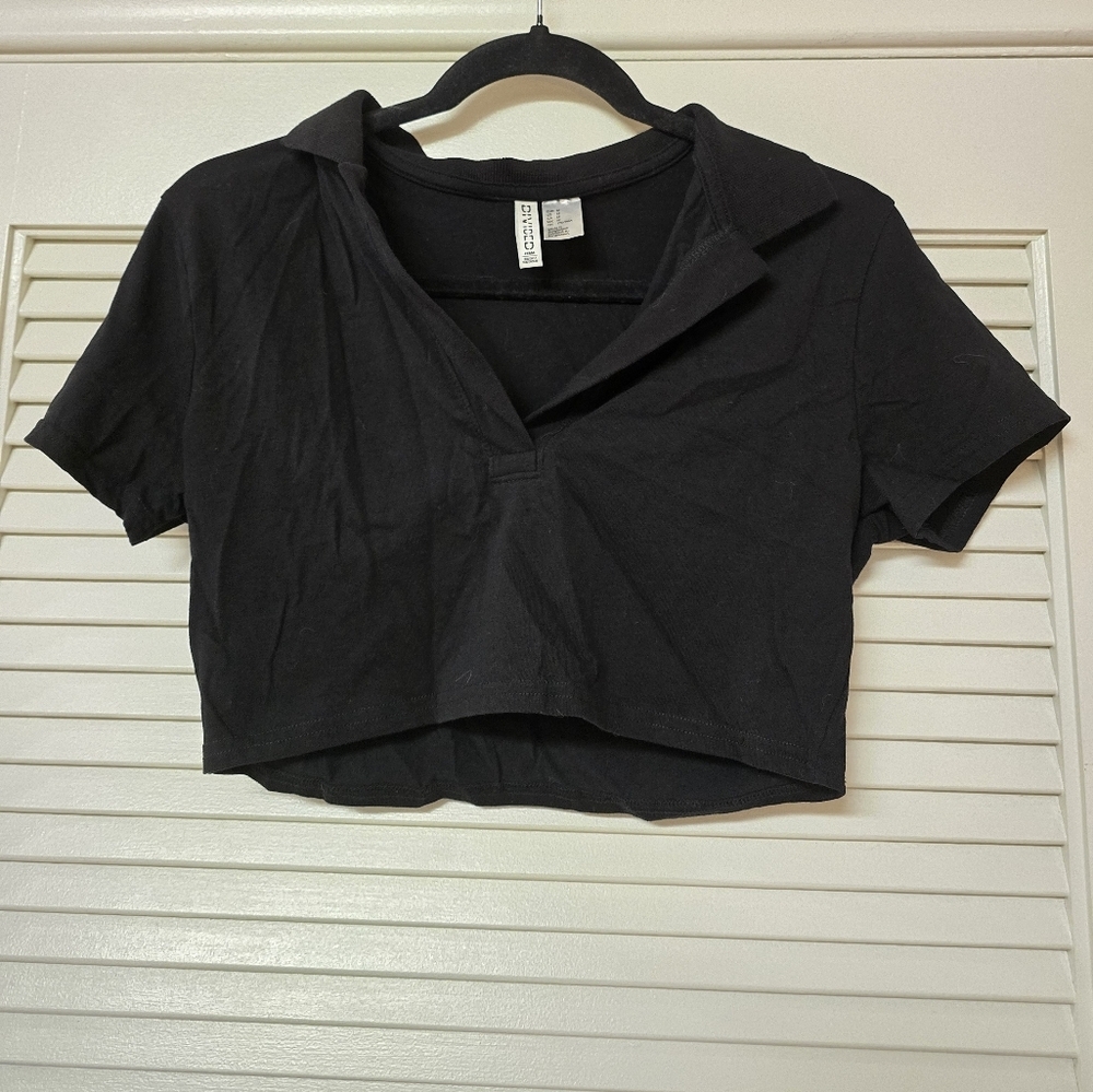 Divided H&M - Black Basic V-Neck Short-Sleeve Crop Top
